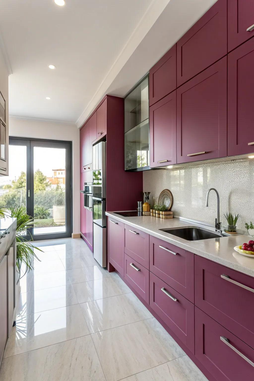 Purple cabinetry adds a unique and charming touch to a modern kitchen.
