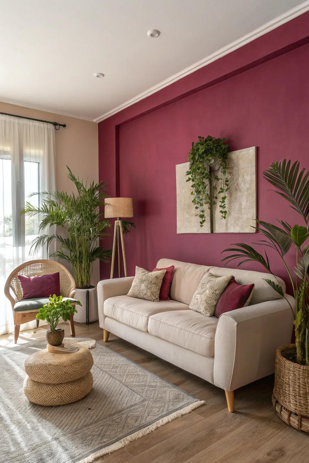 A purple accent wall adds boldness without overwhelming the room.