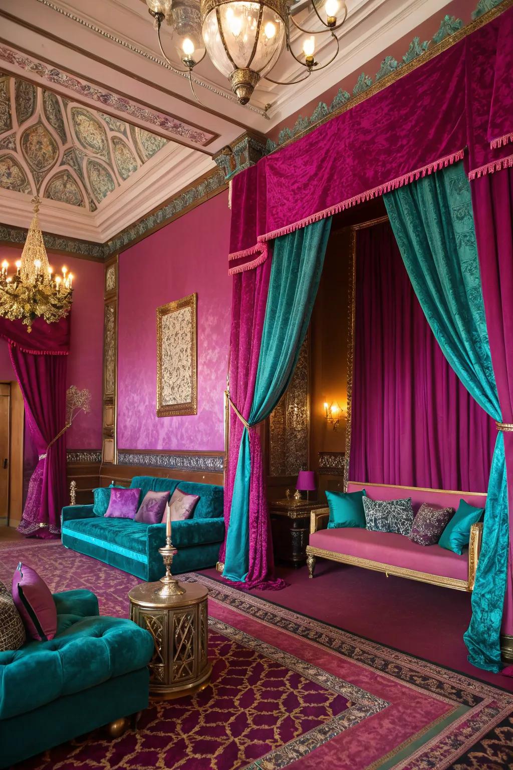 Purple combined with jewel tones creates a luxurious and elegant atmosphere.