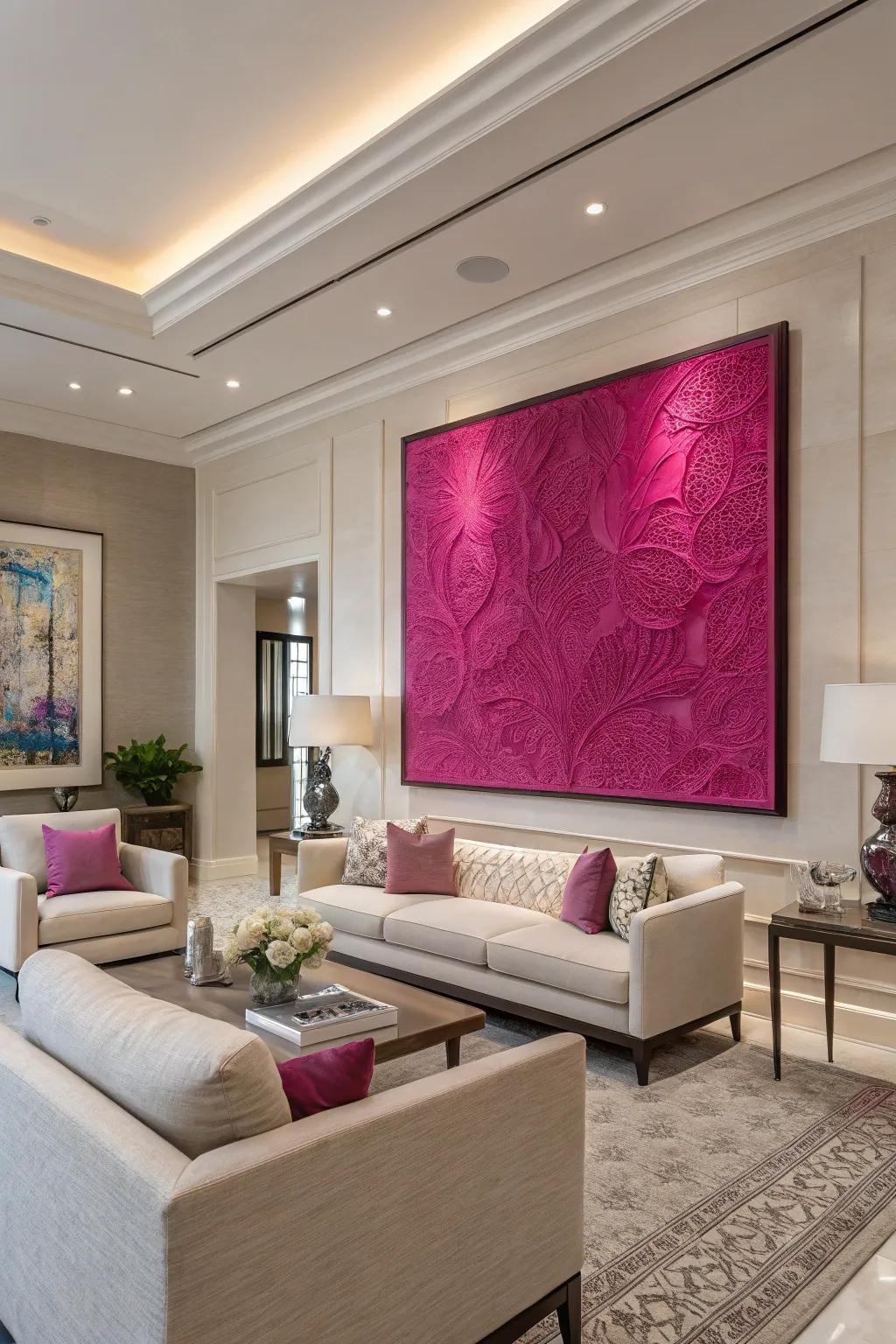 Large purple artwork serves as a captivating focal point in a modern room.