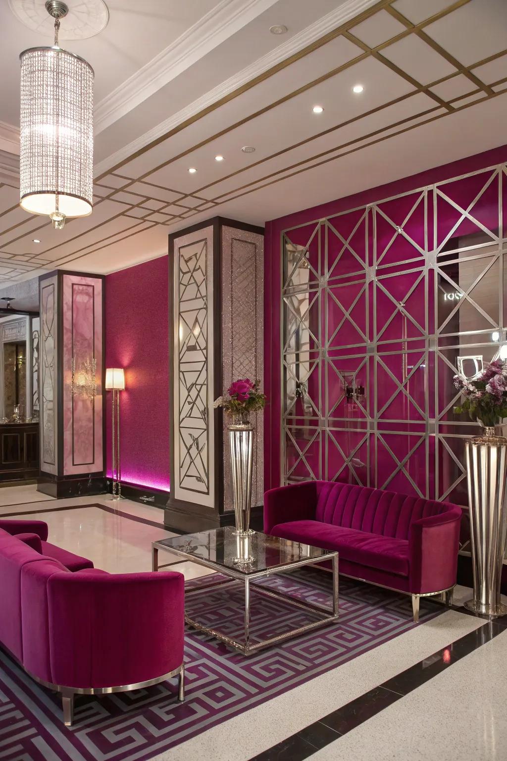 Purple details add a modern twist to an Art Deco-inspired room.