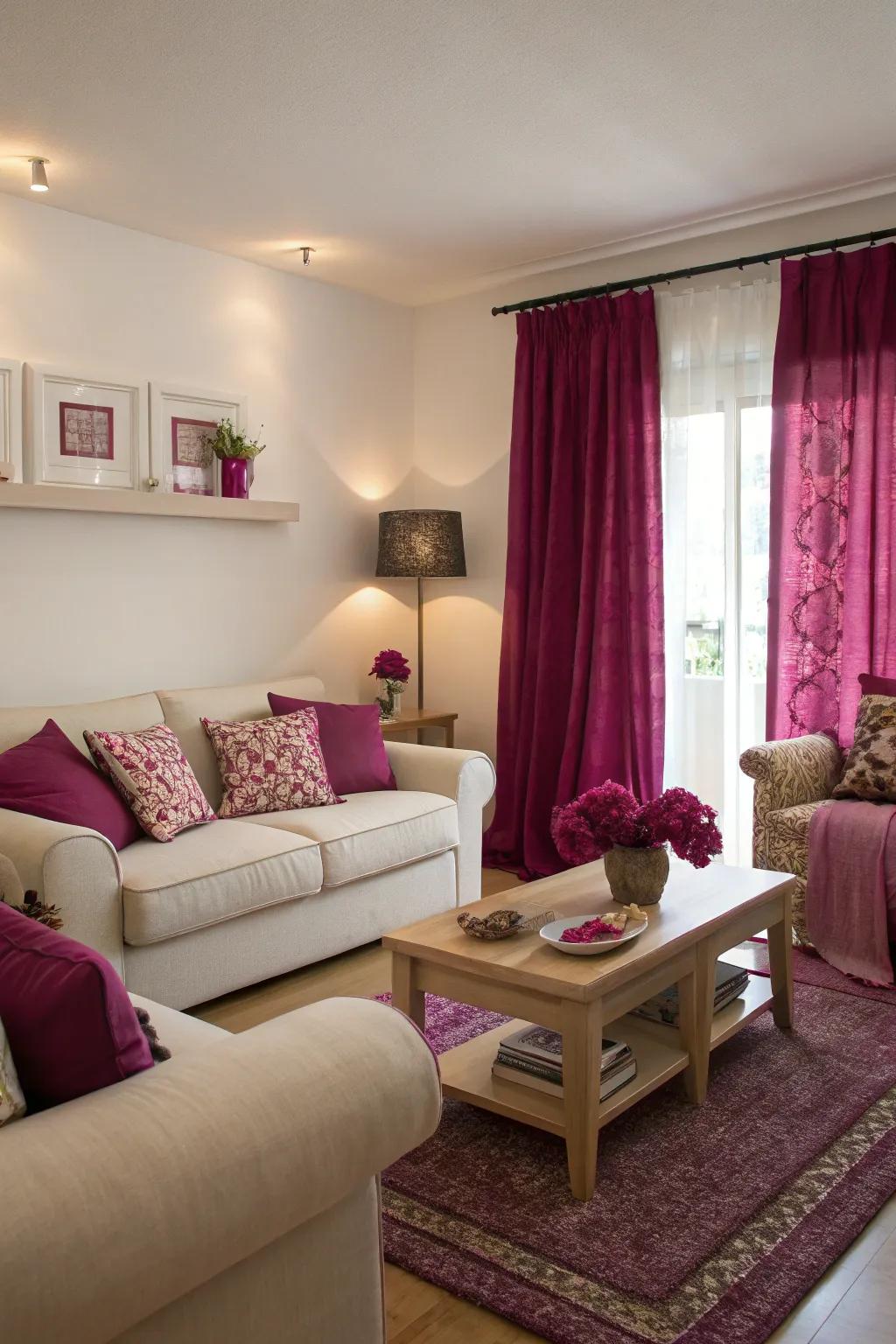 Purple accents paired with neutral tones create a harmonious and inviting space.