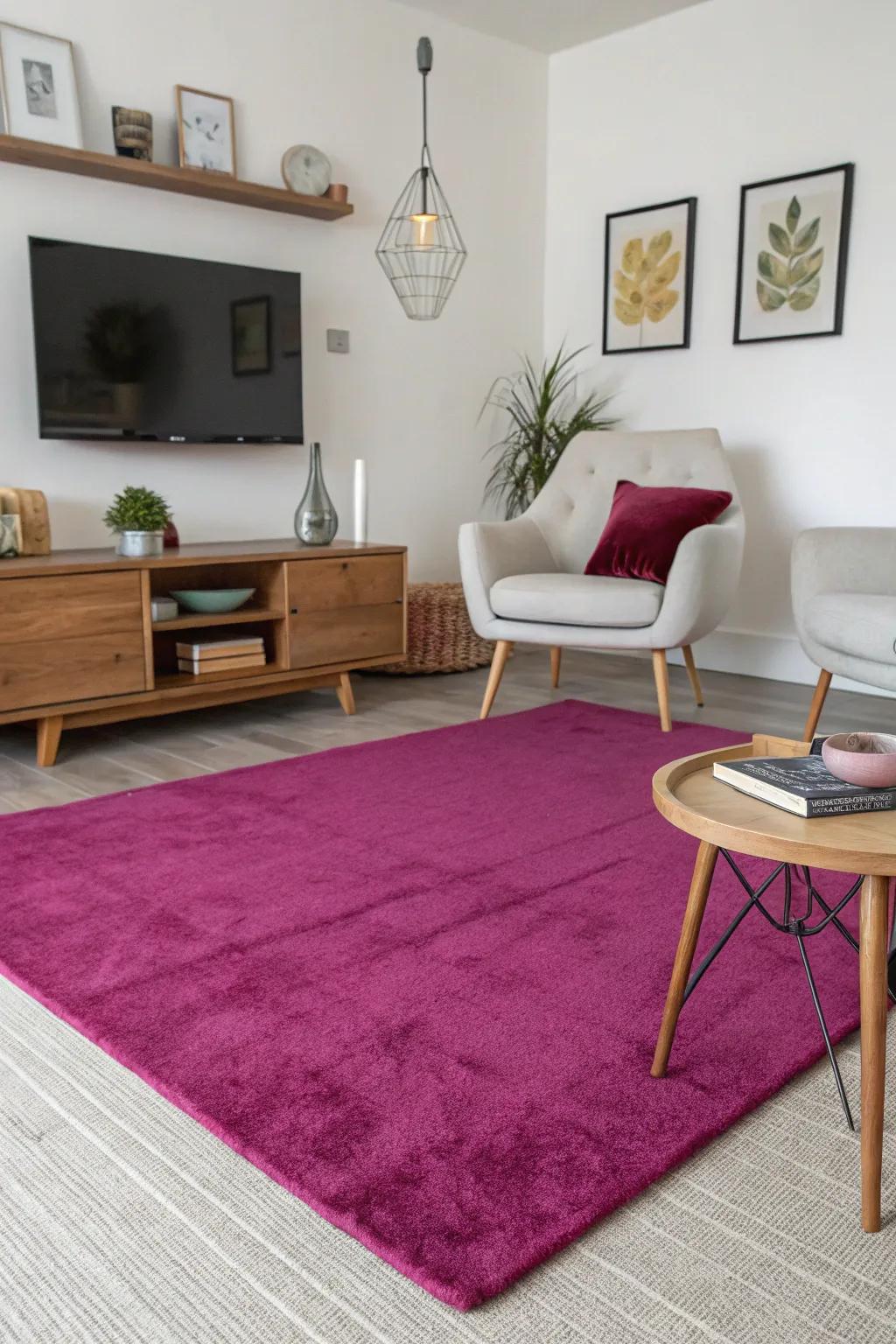A vibrant purple rug ties together this modern living area.