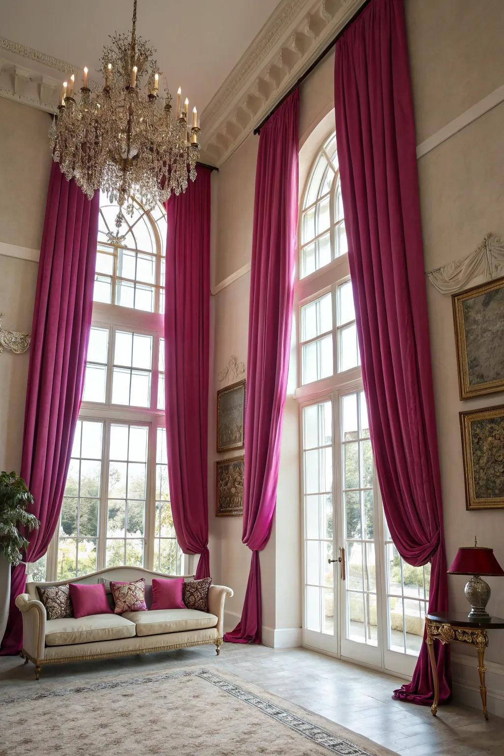 Purple curtains add drama and elegance to a beautifully styled room.