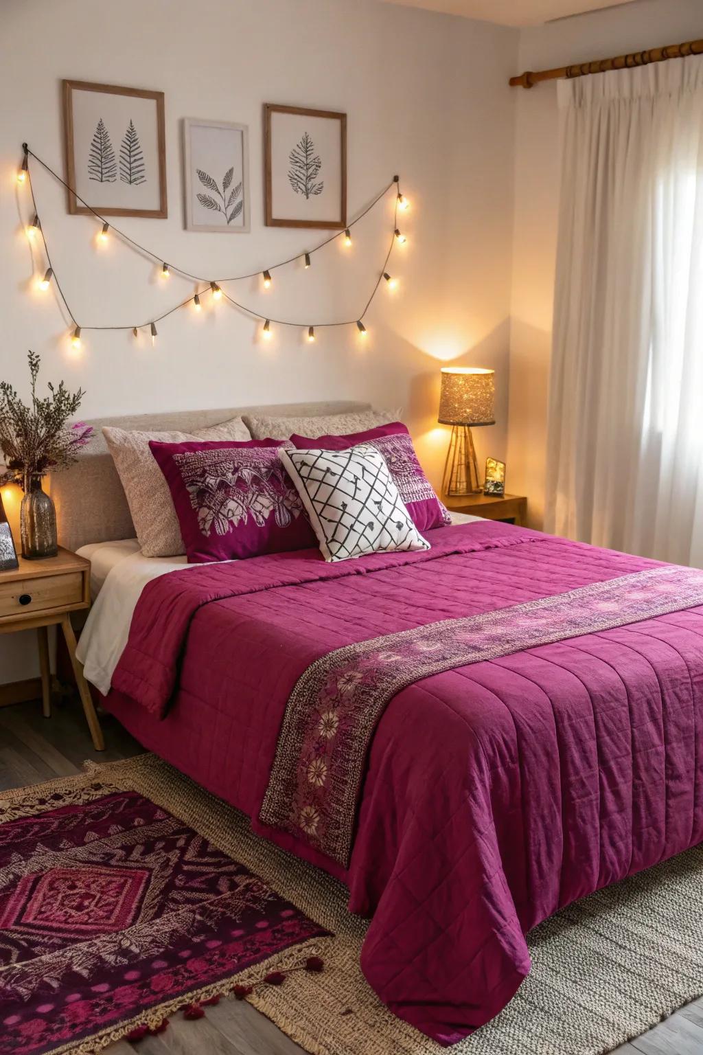 Purple bedding adds warmth and comfort to a charming bedroom.