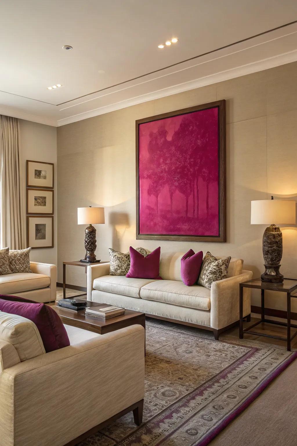 Vibrant purple artwork energizes and inspires this living area.