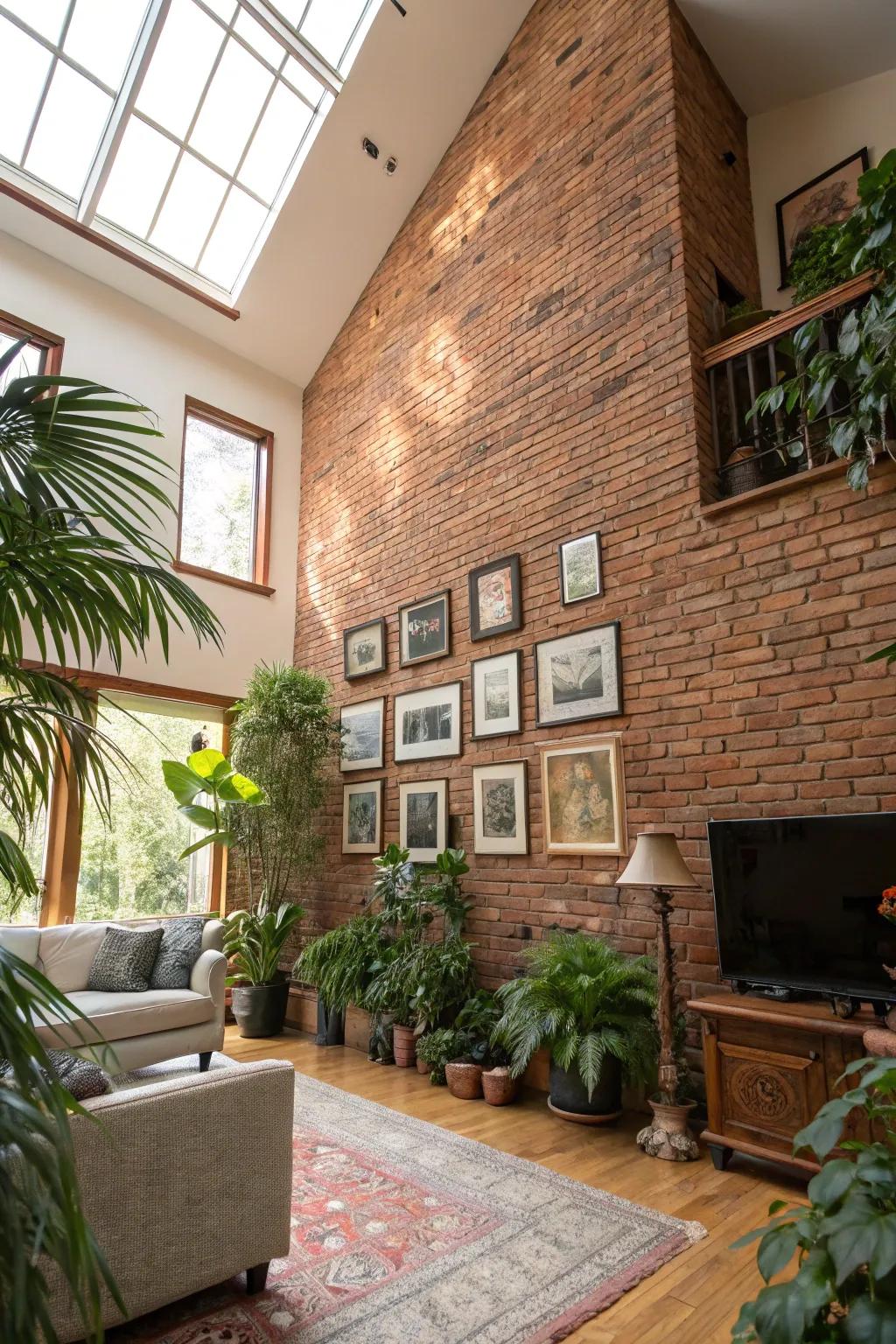 Living room with high ceilings and a large brick wall.