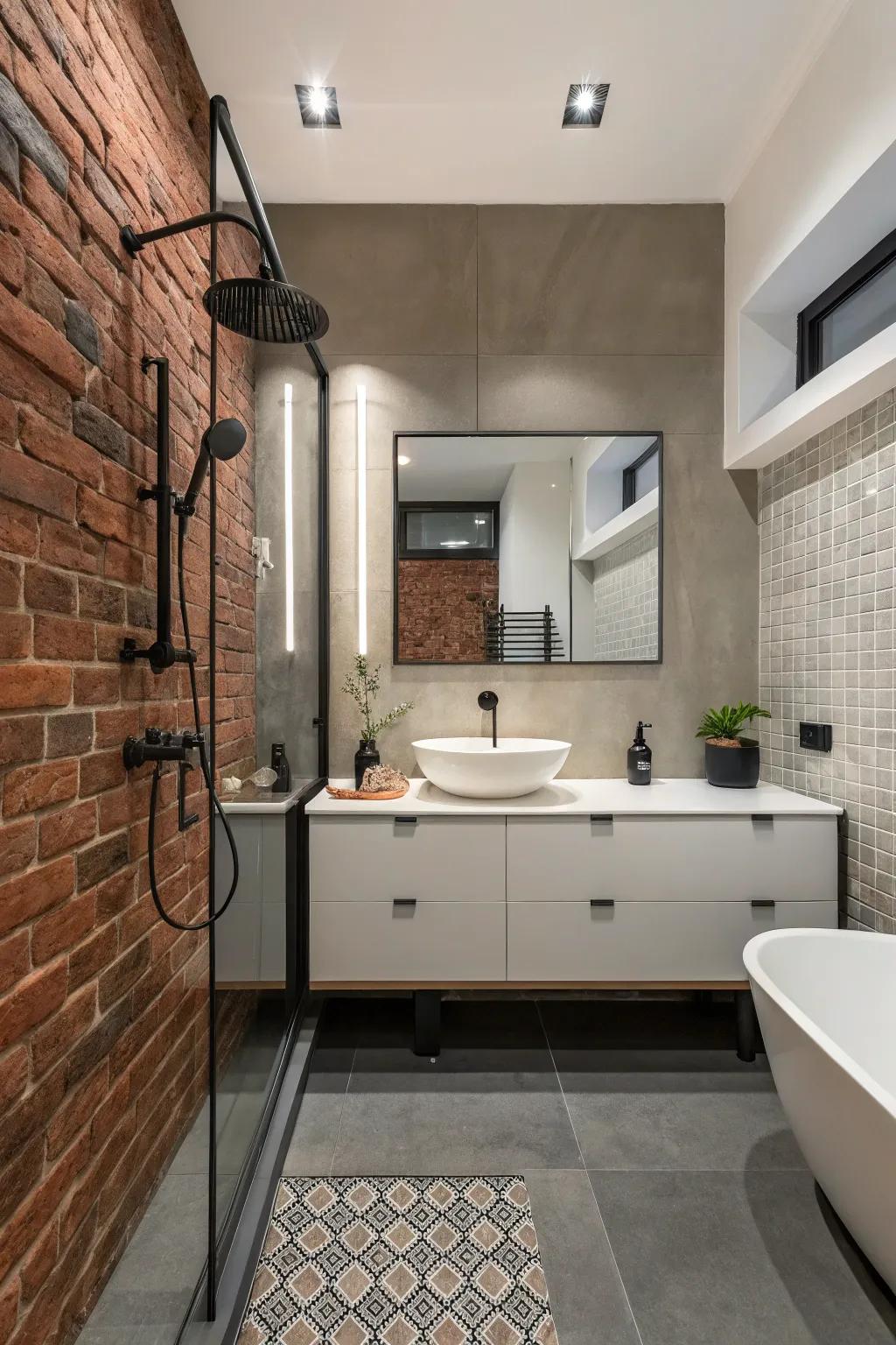 Sleek bathroom with exposed brick wall and modern fixtures.