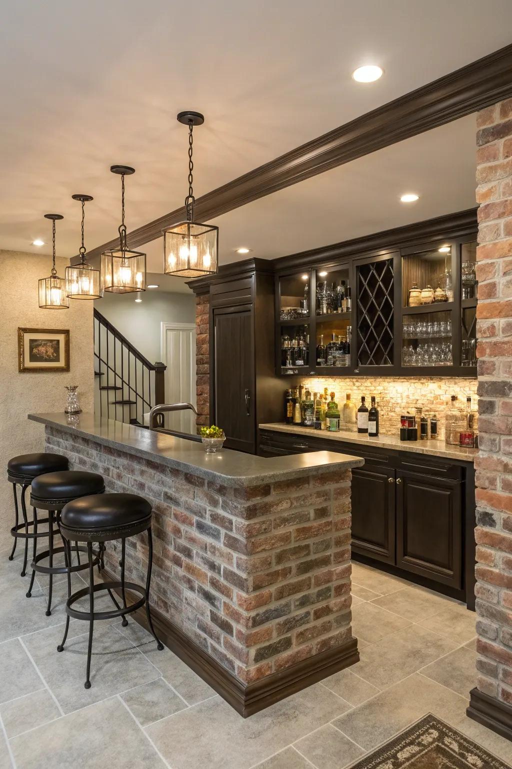 Trendy home bar featuring an exposed brick wall.