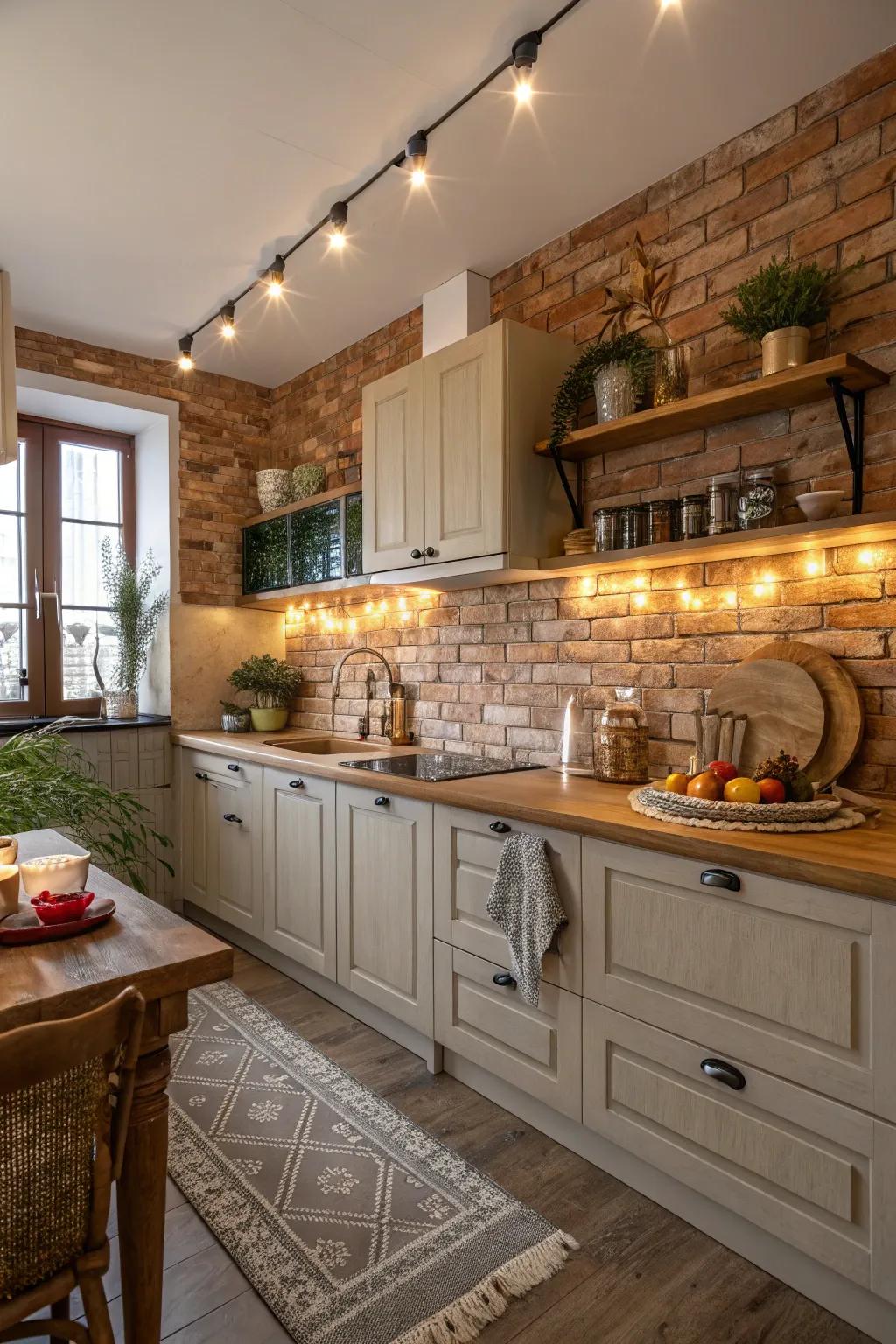Kitchen galley with textured brick tile wall.