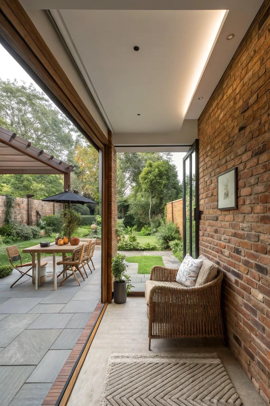 Indoor-outdoor connection with brick wall linking interior to patio.