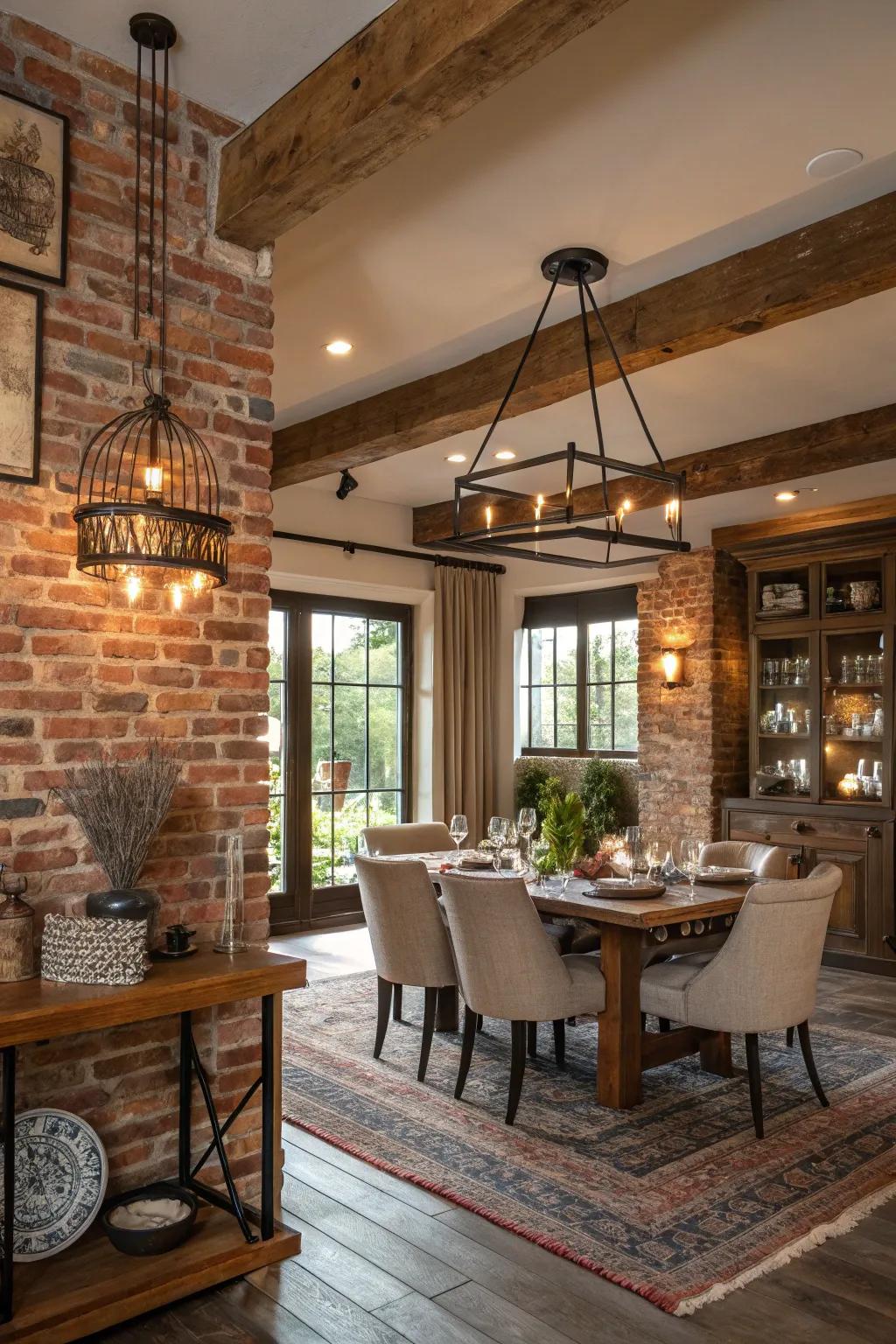 Country-style dining room with exposed brick wall and wooden ceiling.