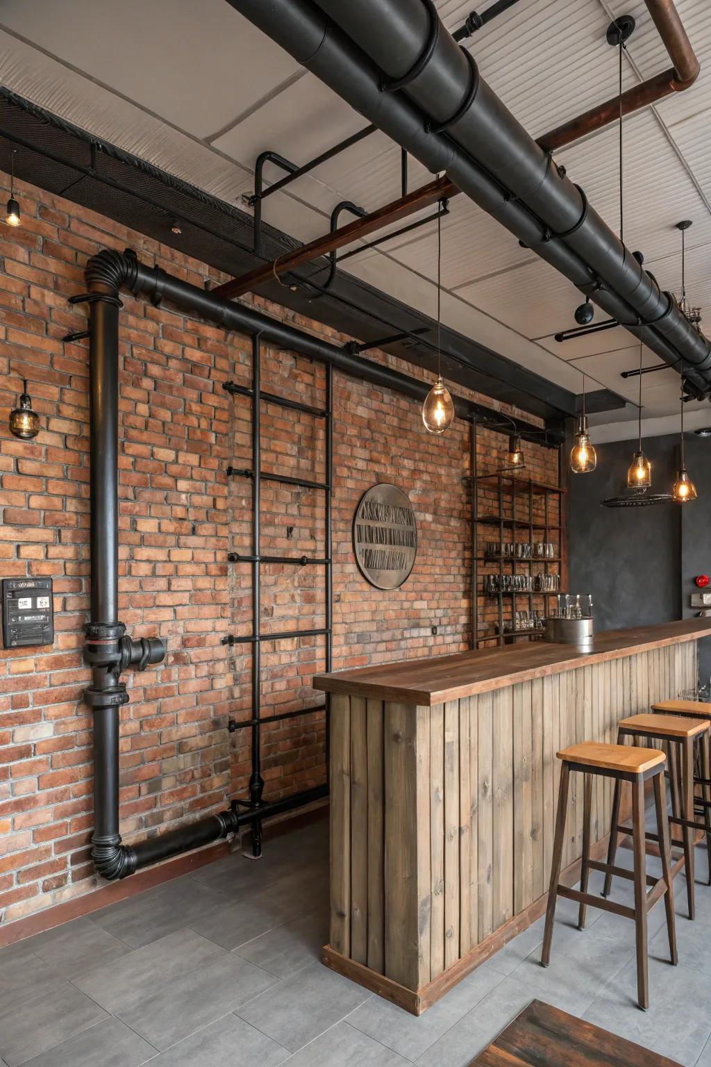 Warehouse-inspired room with exposed brick, metal, and wood elements.