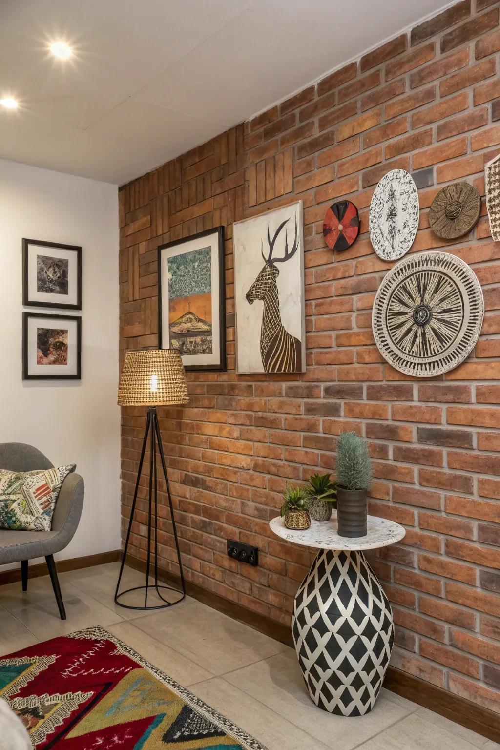 Artistic room with exposed brick wall and unique decor.