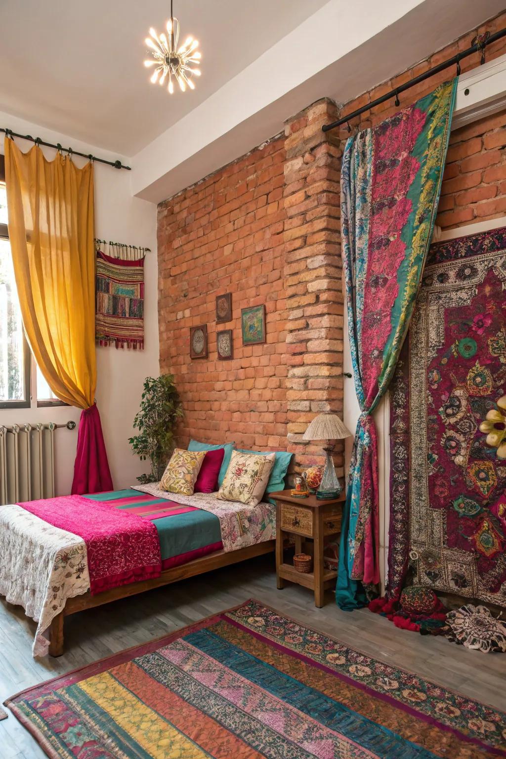 Eclectic bedroom with exposed brick wall and colorful textiles.