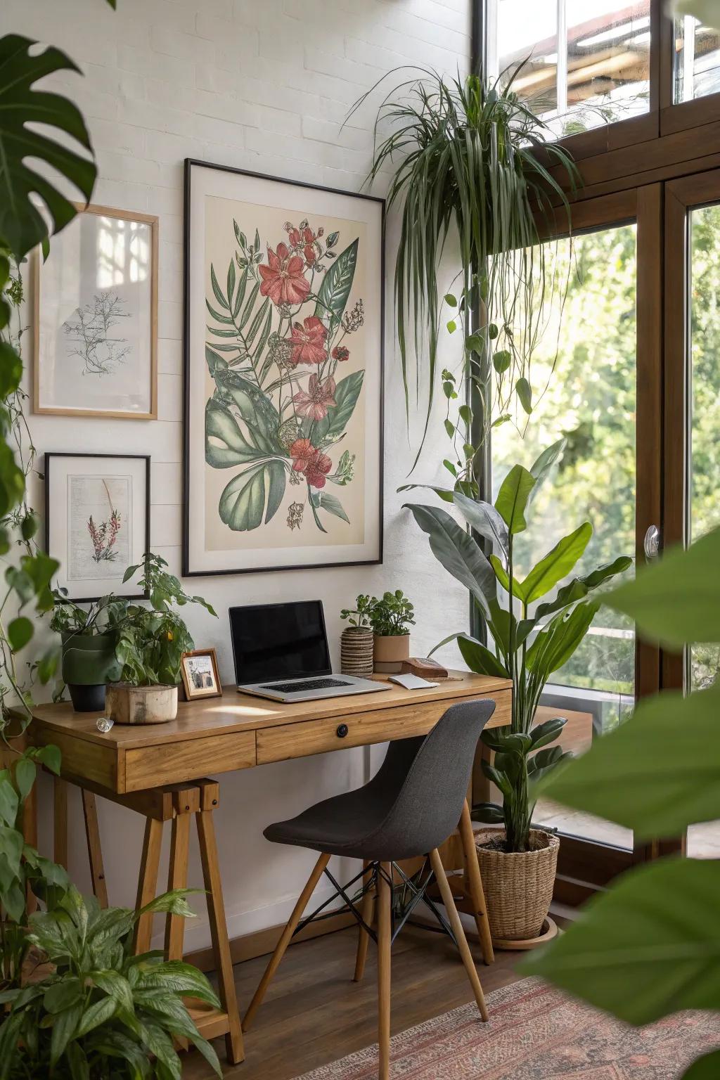 Home workspace featuring framed botanical artwork.