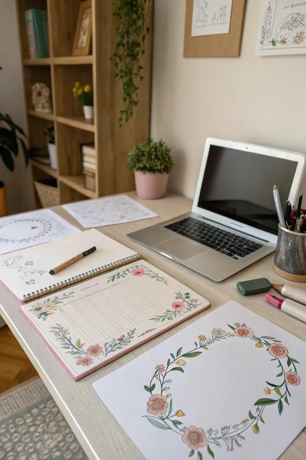 Organized home office desk with artistic papers.