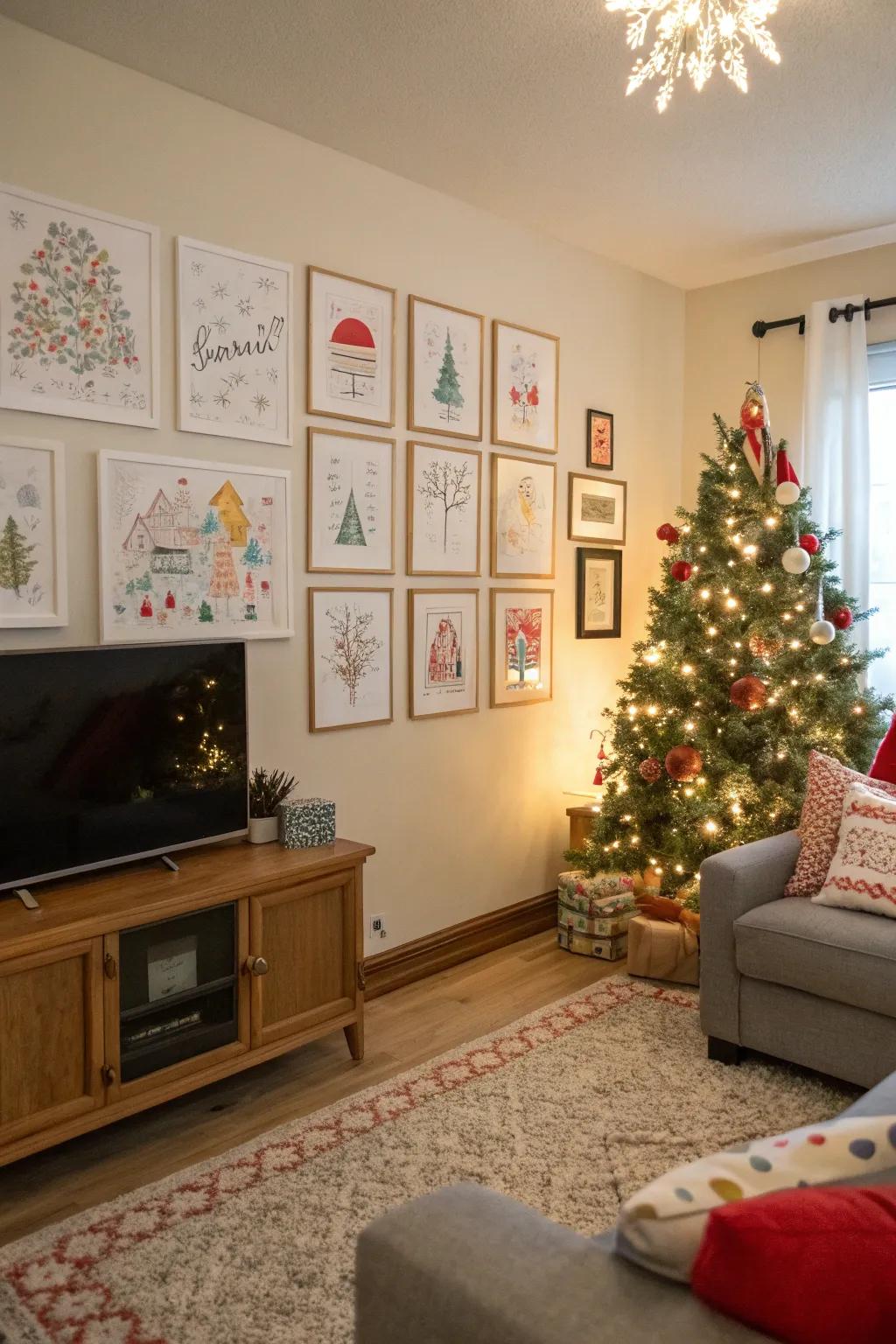 Living room adorned with festive holiday-themed artwork.