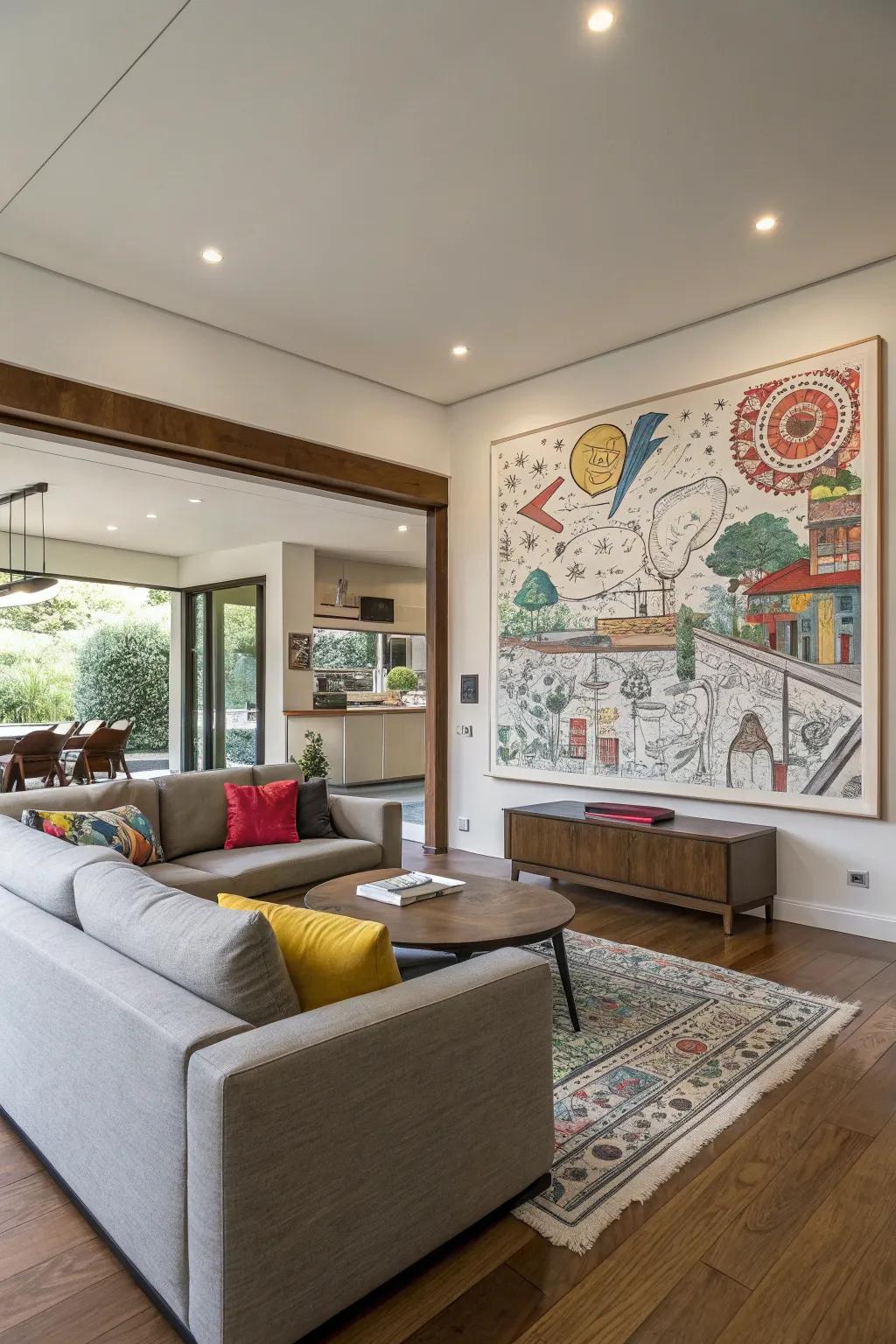 Modern living room featuring vibrant aesthetic graphic artwork.