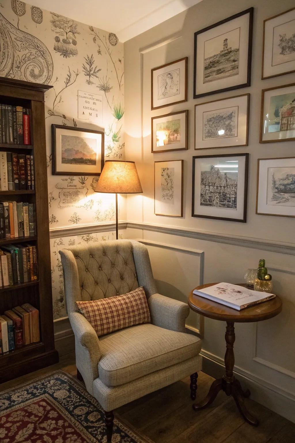 Cozy reading corner decorated with vintage-style artwork.