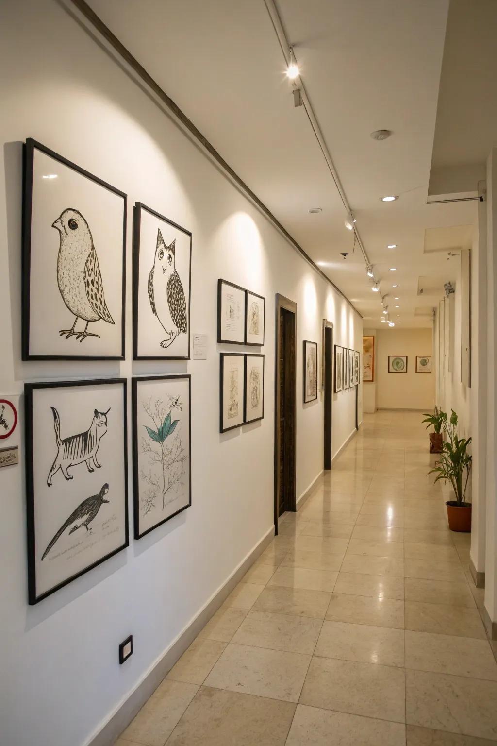 Hallway decorated with minimalist animal sketches.