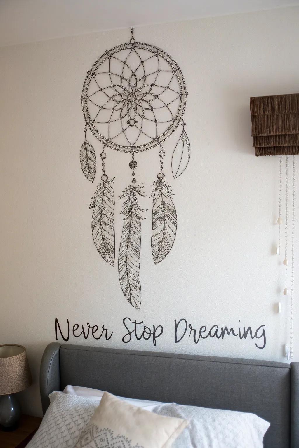 Bedroom featuring a dreamcatcher and motivational quote artwork.
