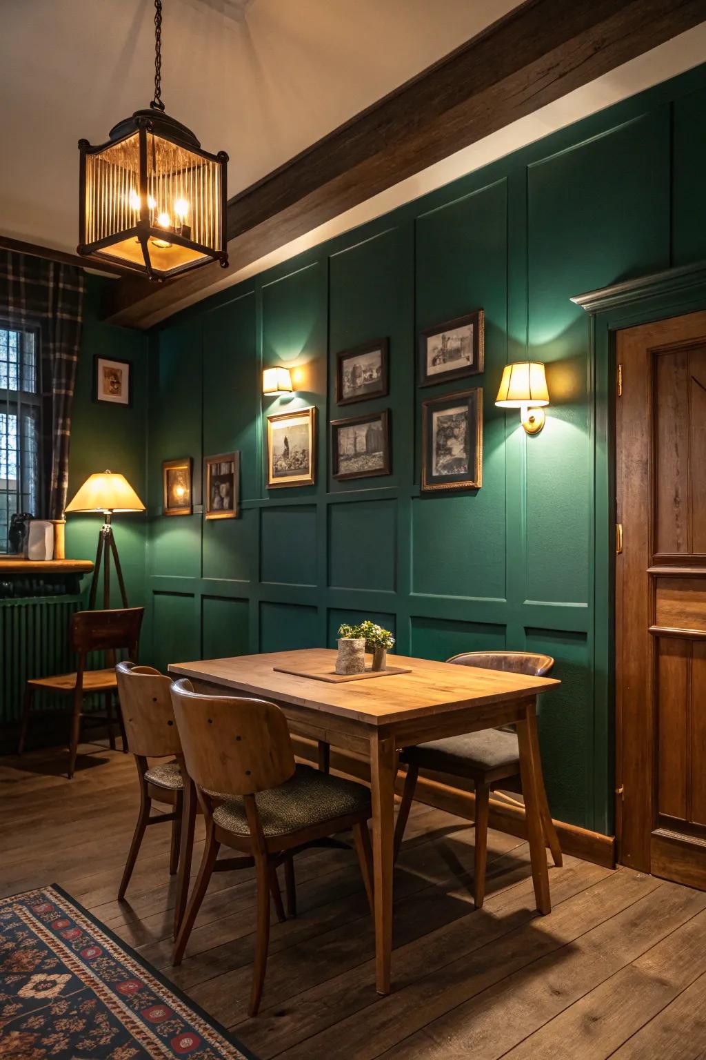 Deep green walls paired with wooden furniture for a cozy ambiance.