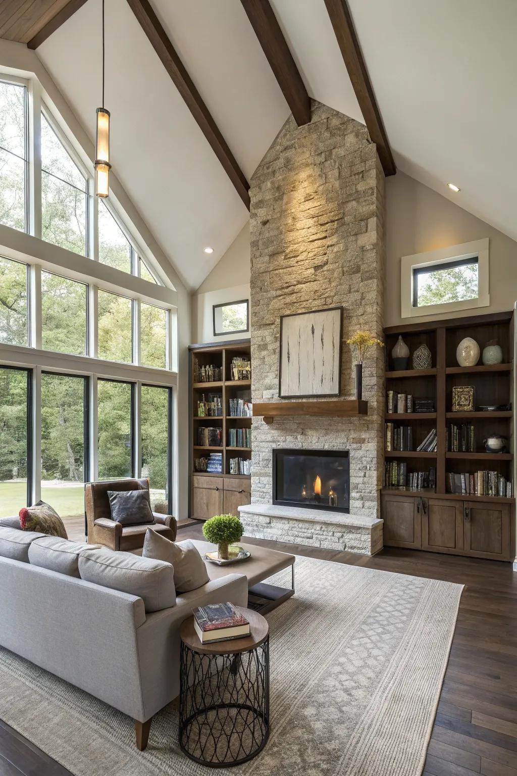 Off-center fireplaces boost style and functionality.