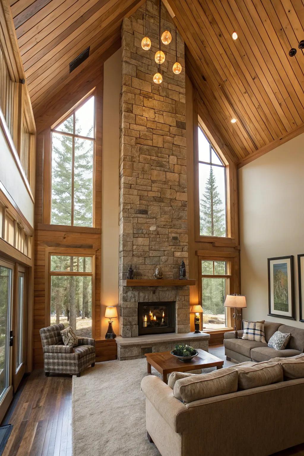 Vertical wood cladding enhances warmth and height.