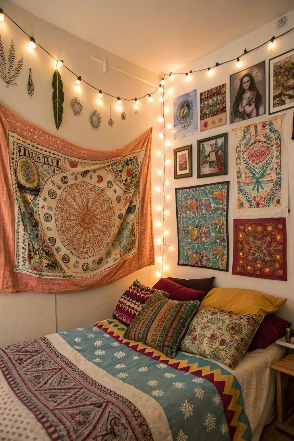 Bohemian vibes shine through a vibrant wall collage.