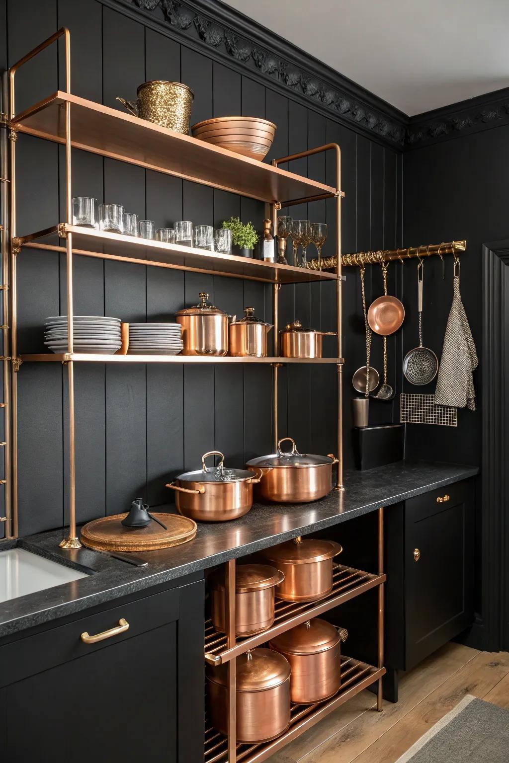 Copper shelves offer functional elegance in a modern kitchen.