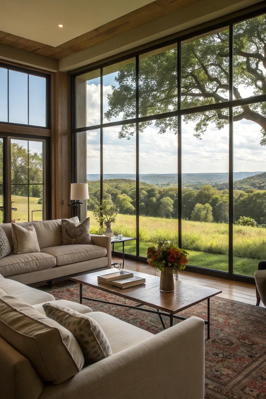 Floor-to-ceiling windows offer breathtaking views and abundant natural light.
