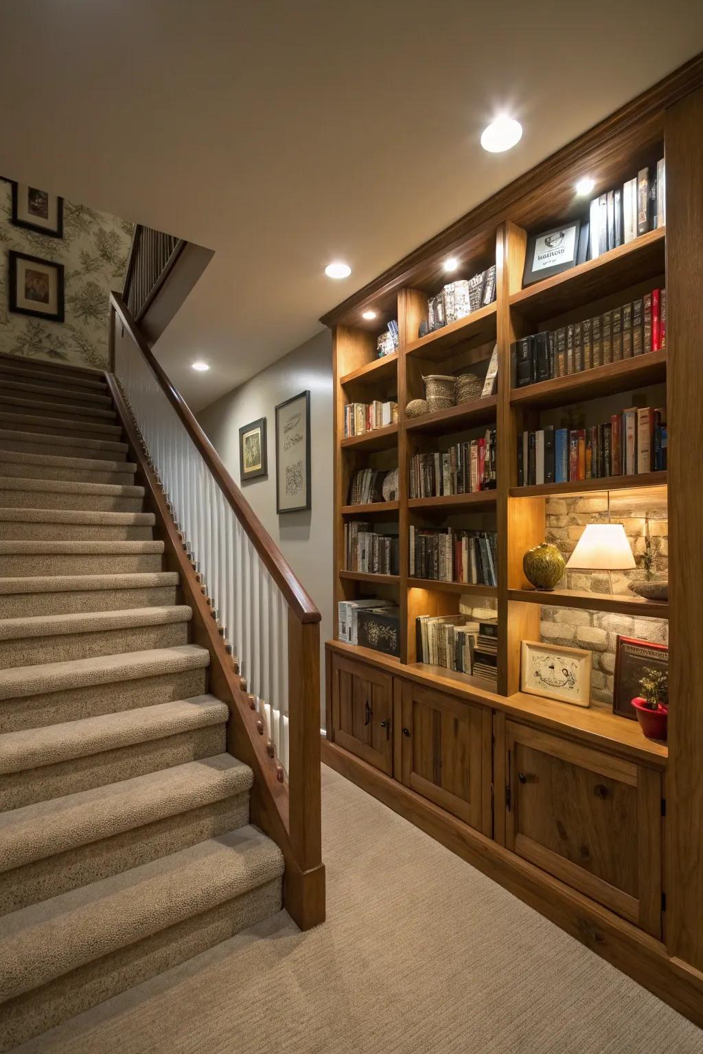 Combine style and utility with built-in bookshelves on stairs.
