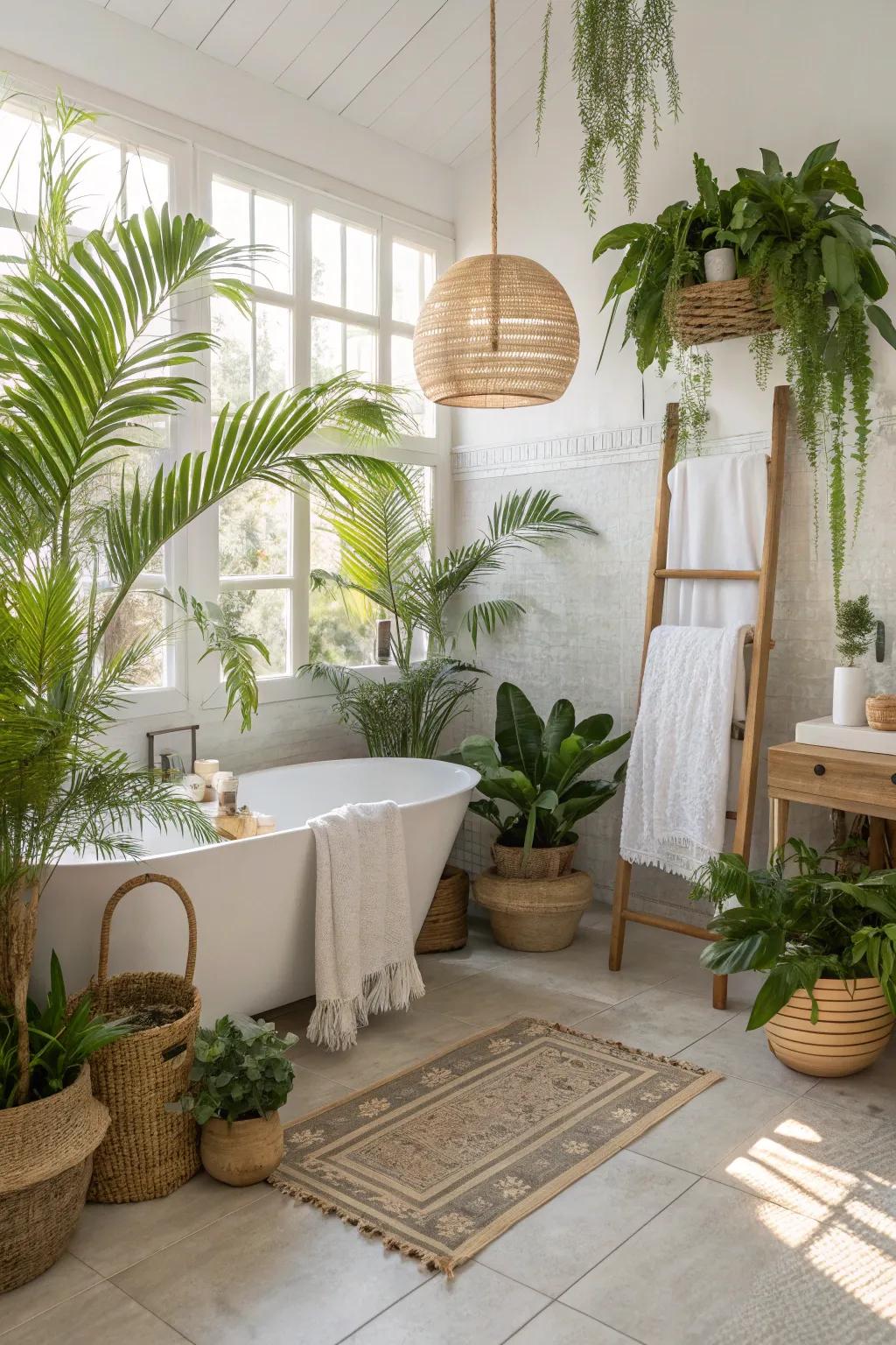 Lush tropical plants breathe life and coastal essence into bathroom spaces.