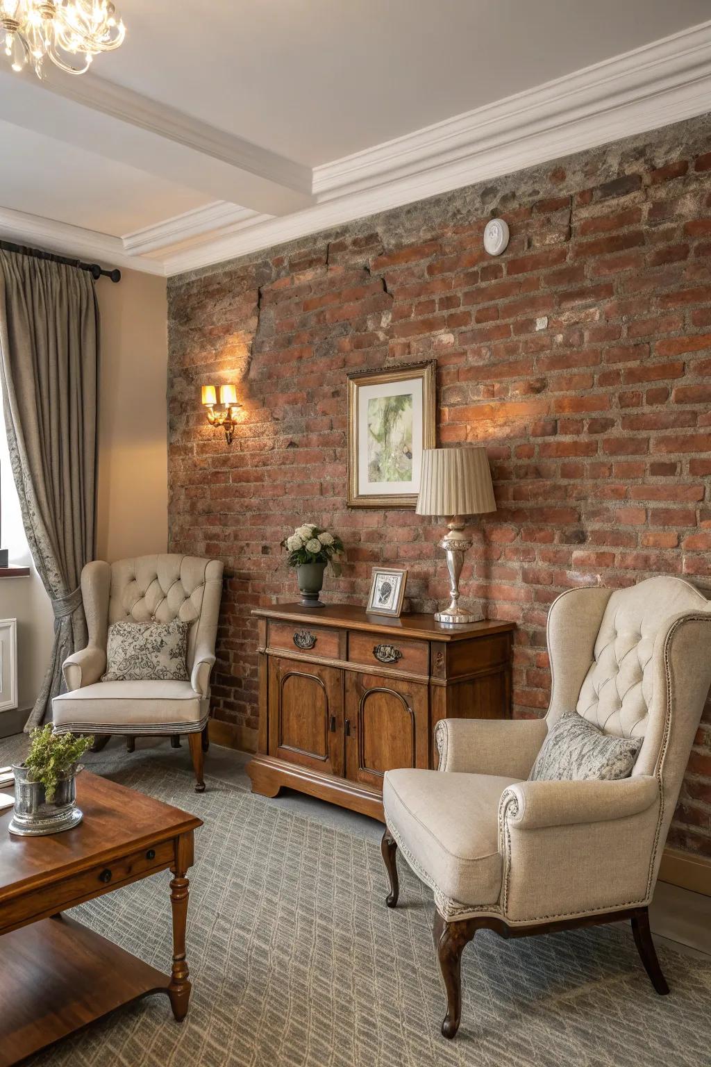 Classic room with exposed brick wall and vintage furnishings.