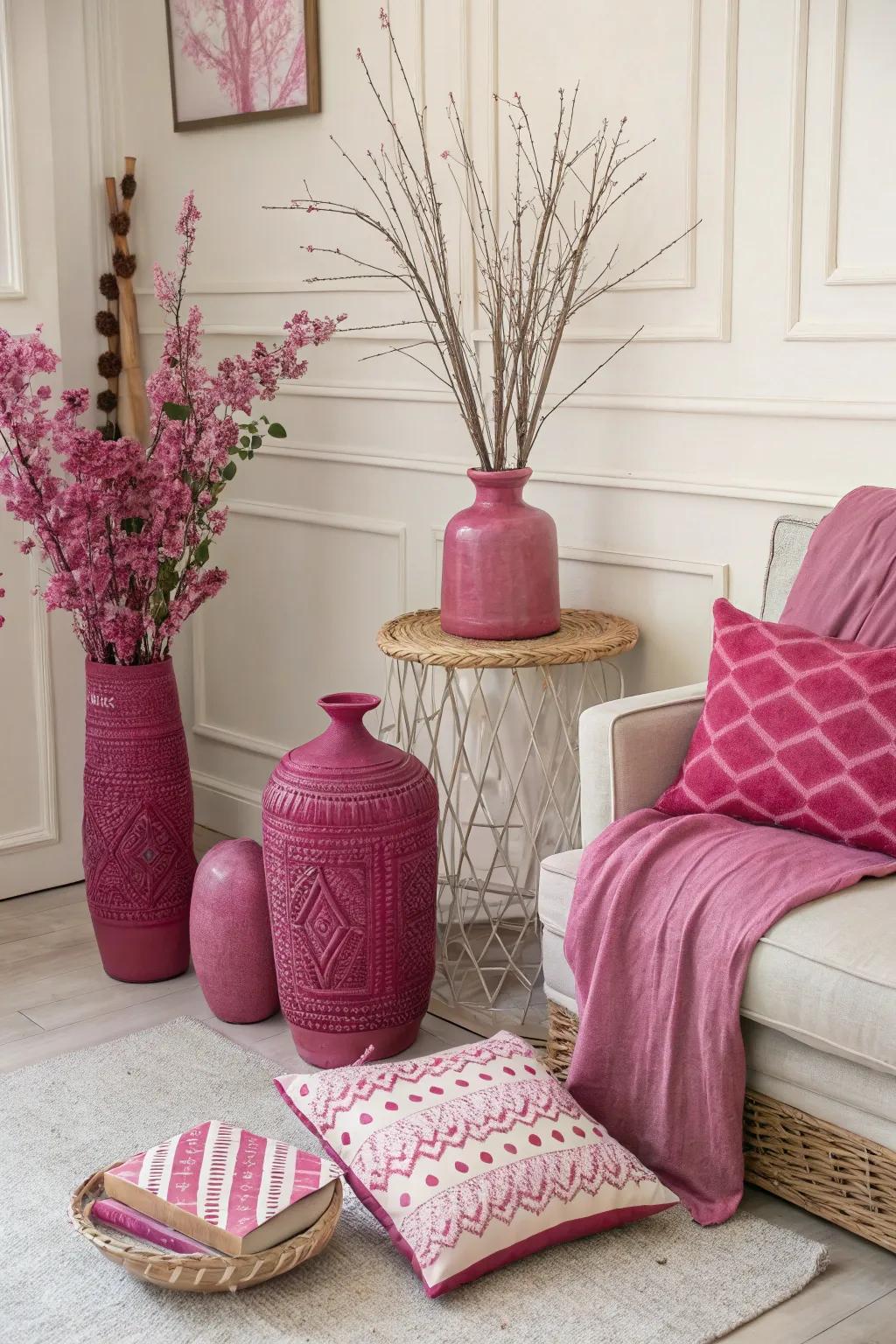 Purple accessories add vibrant pops of color to a chic interior.