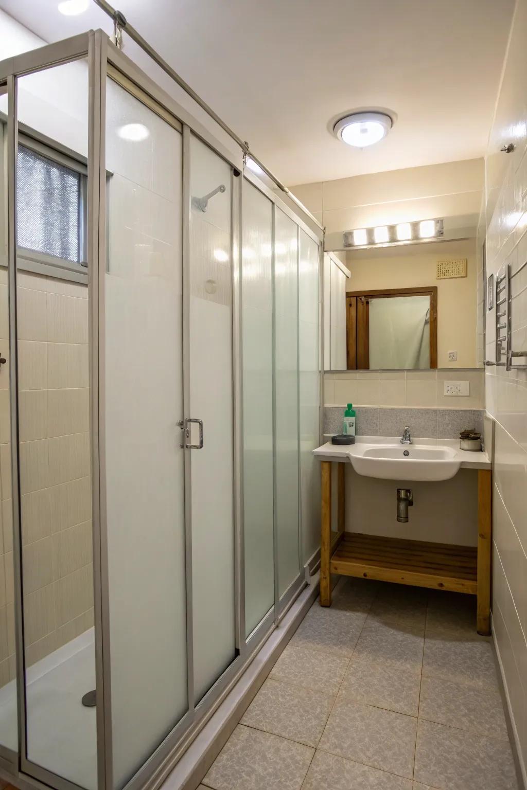Compact bathroom featuring transparent partitions for enhanced space utilization.