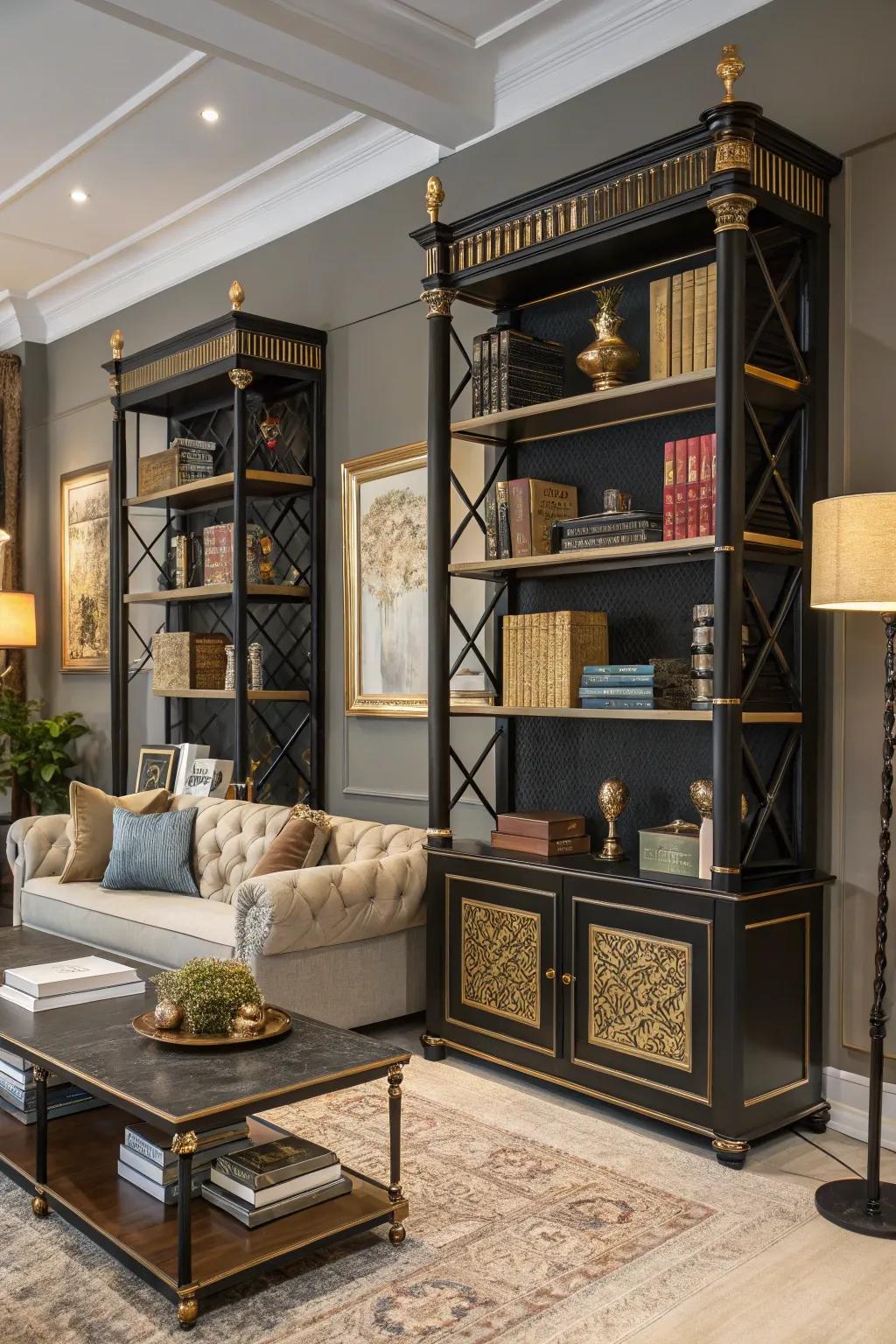 Elegant black and gold bookshelves enhancing the living room ambiance.