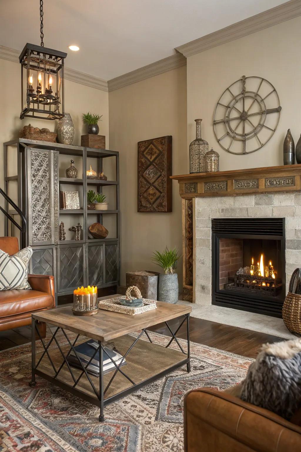 A living room showcasing a fireplace blending metal, wood, and glass accents.