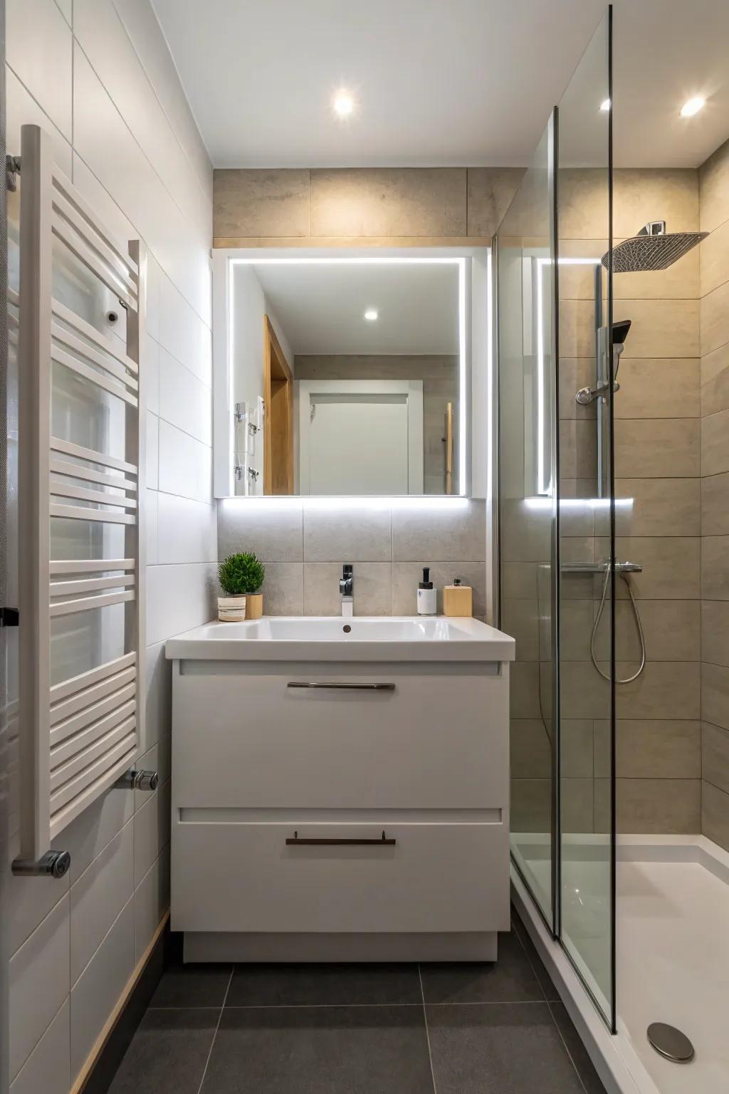 LED lights enhance the contemporary design of this bathroom.