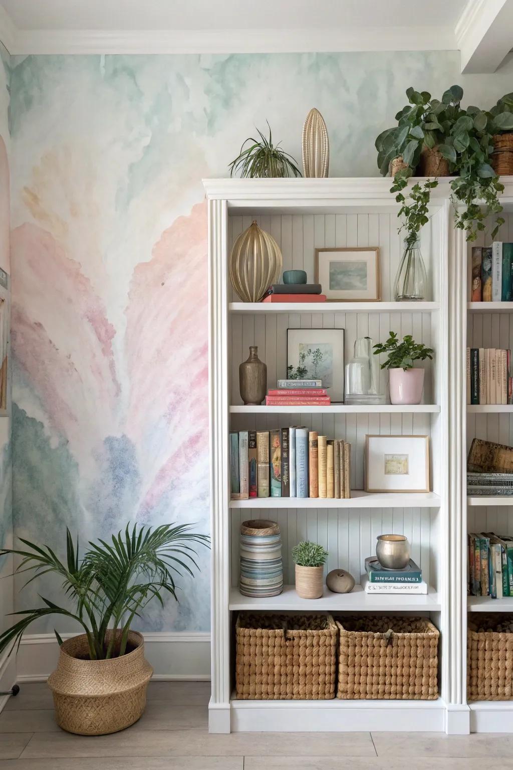 Bookshelf adorned with watercolor wash wallpaper, adding a gentle artistic touch.