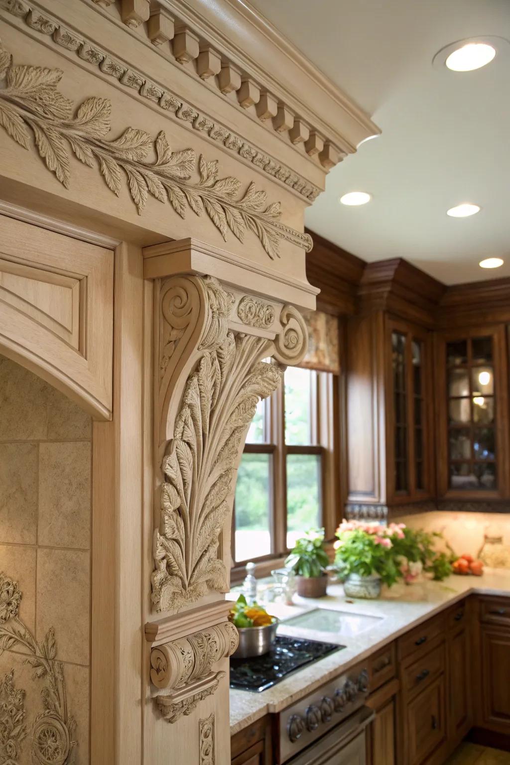 Nature-inspired crown molding brings organic charm to kitchens.
