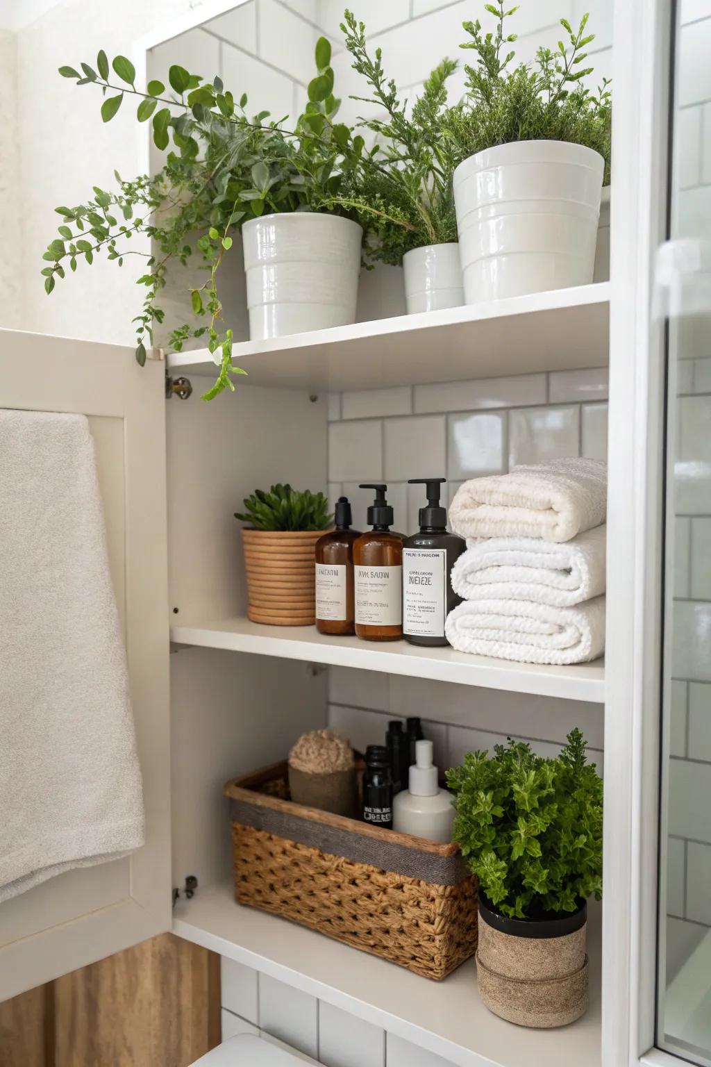 Plants contribute a refreshing, natural element to your bathroom closet.