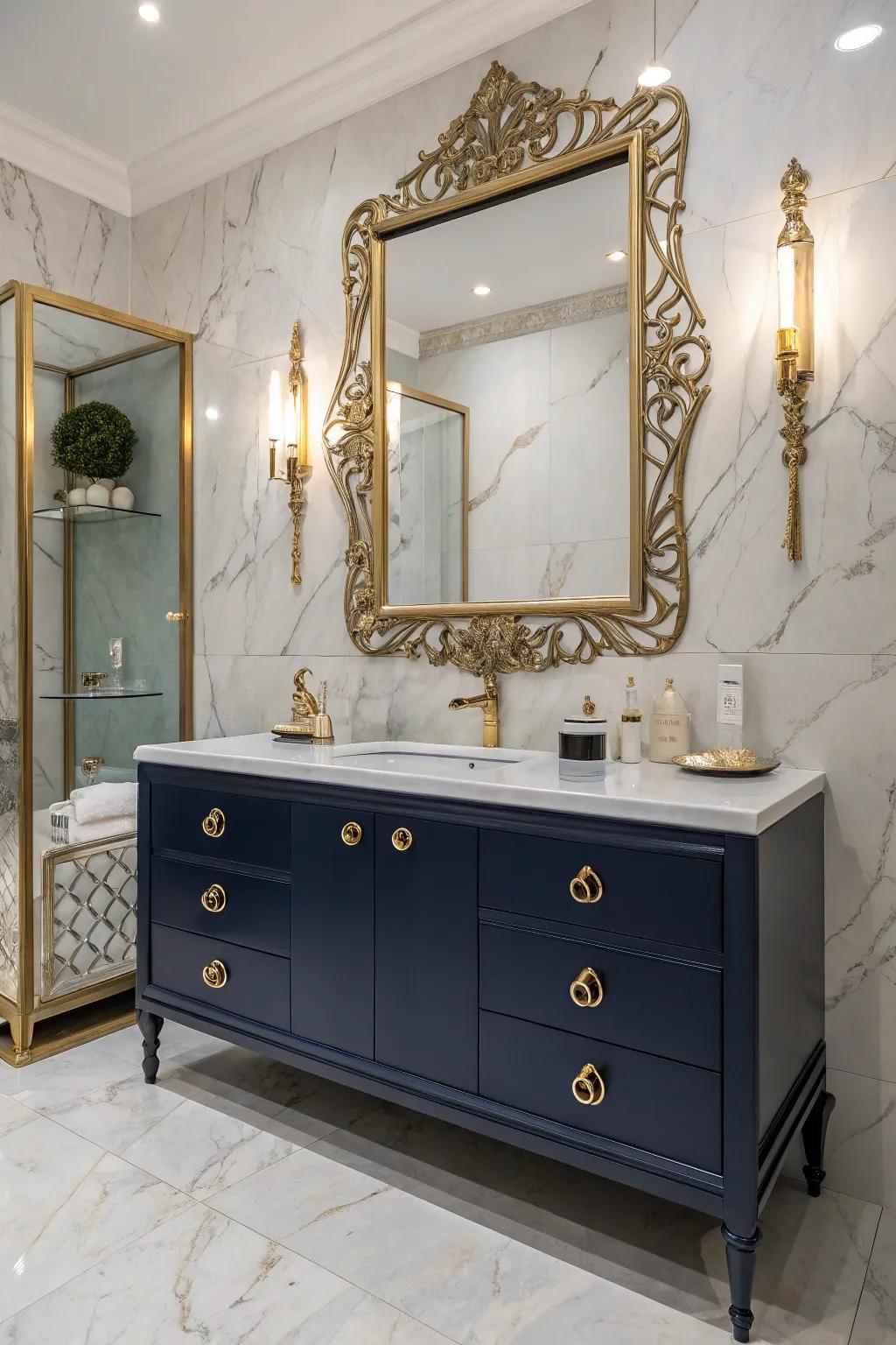Ornate mirror frames add timeless elegance.