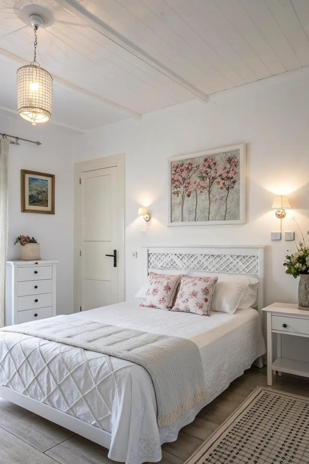 Artistic elements enhance the calmness of a white bedroom.