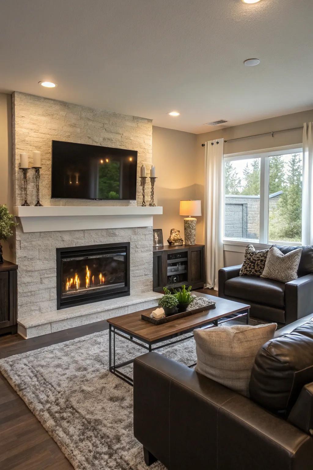 Living room with fireplace and TV as dual focal points.