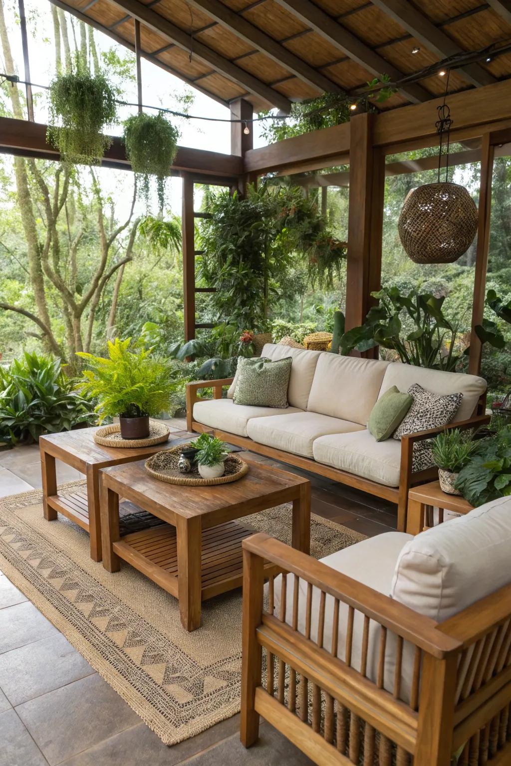 Natural elements creating a peaceful living room atmosphere.