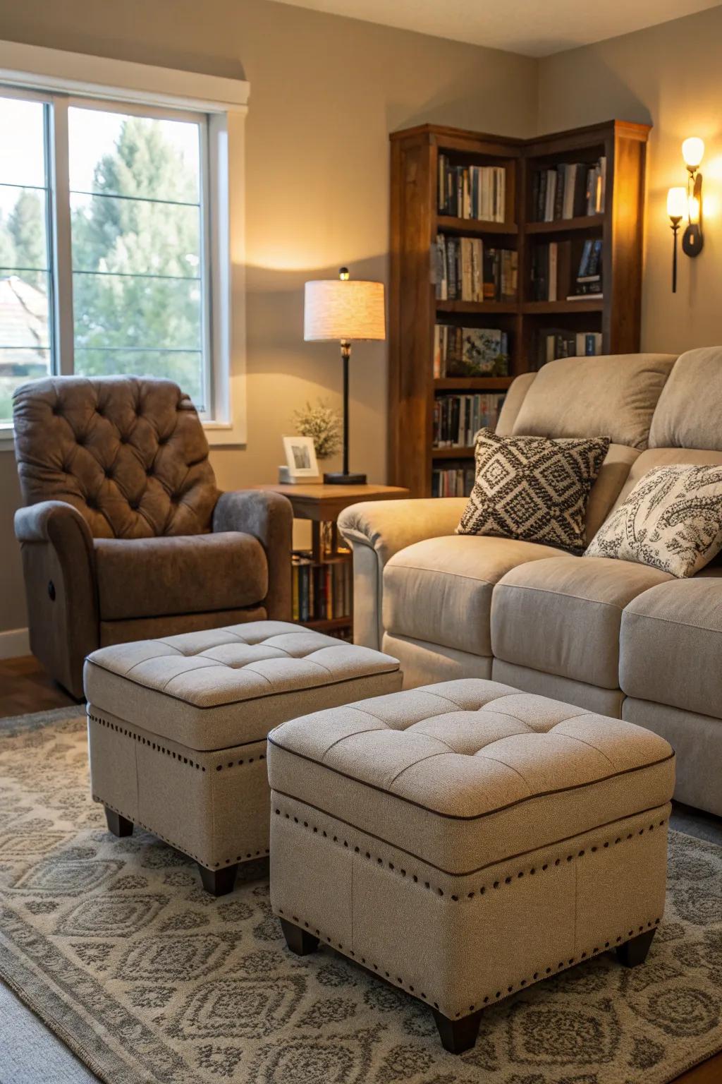 A cozy living room where ottomans contribute to the recliner sofa's allure.