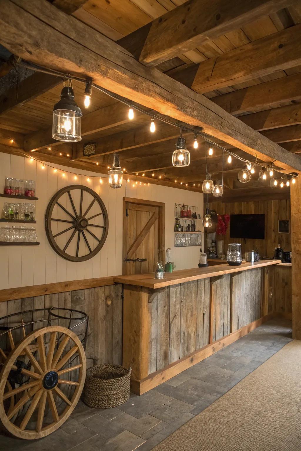 Enjoy the warmth of a rustic barn-style bar in your man cave.