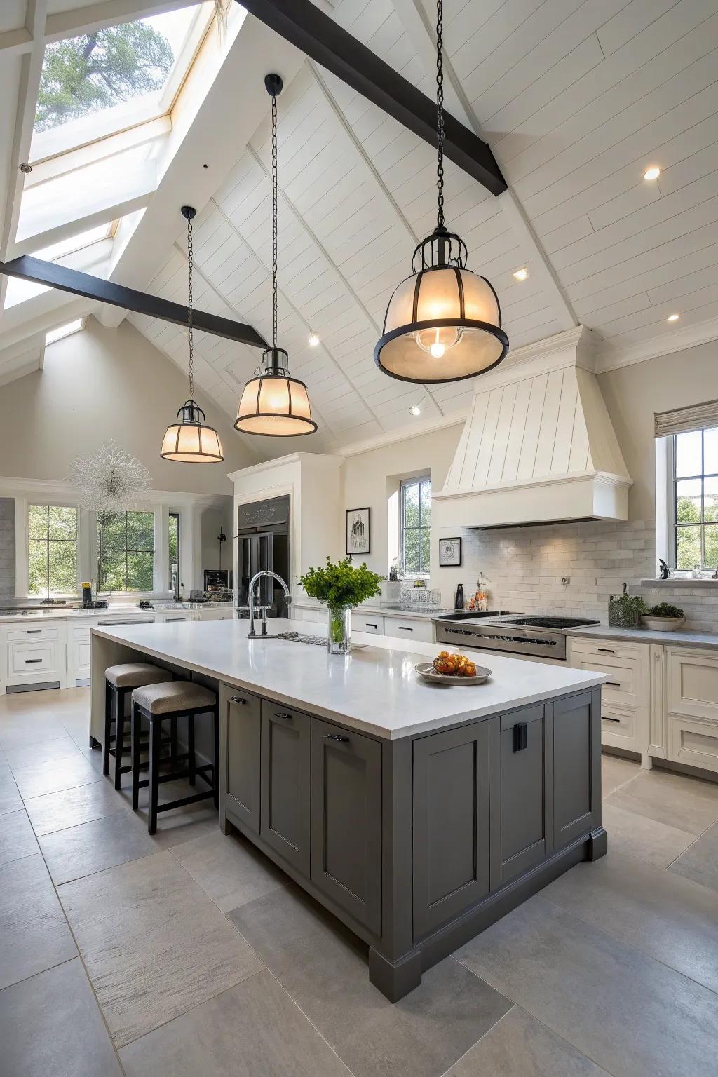 Elegant pendant lights brighten and emphasize the kitchen's height.